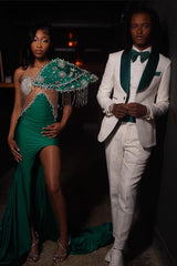 Green Shawl Lapel White Jacquard Prom Suit