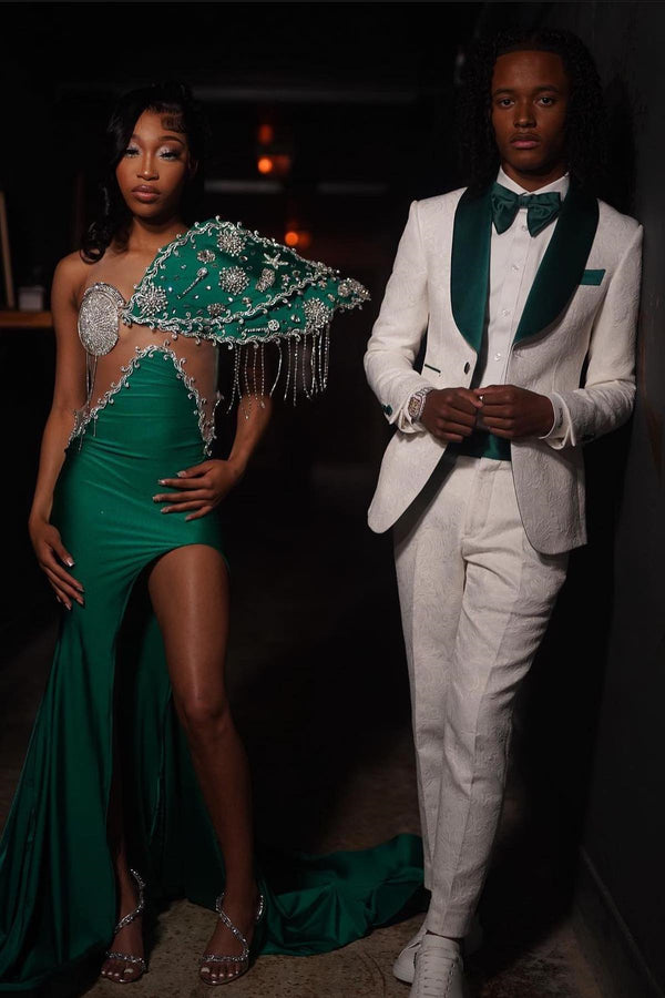 Green Shawl Lapel White Jacquard Prom Suit