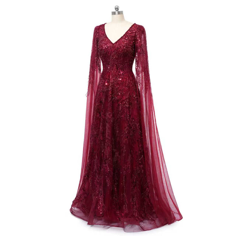 Romantic Burgundy V-Neck Long Sleeves Prom Dresses A-Line Beads With Zipper