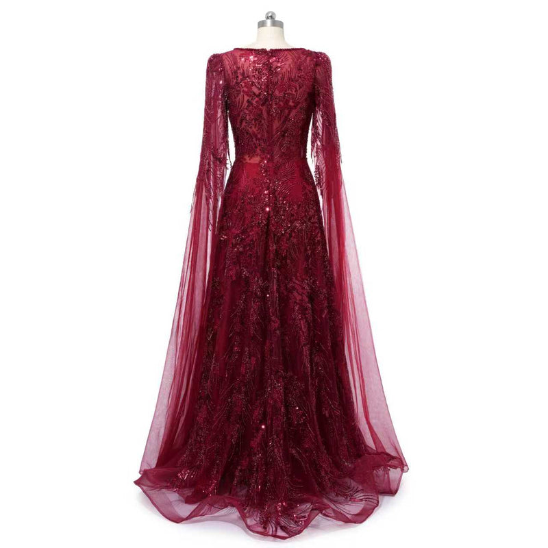 Romantic Burgundy V-Neck Long Sleeves Prom Dresses A-Line Beads With Zipper