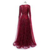 Romantic Burgundy V-Neck Long Sleeves Prom Dresses A-Line Beads With Zipper