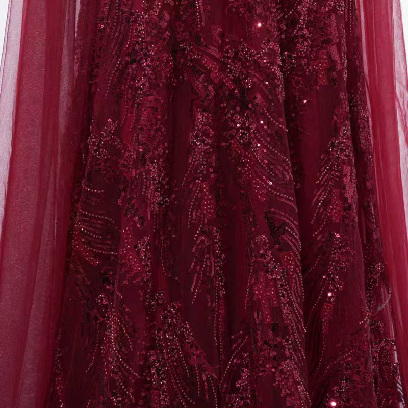 Romantic Burgundy V-Neck Long Sleeves Prom Dresses A-Line Beads With Zipper