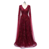 Romantic Burgundy V-Neck Long Sleeves Prom Dresses A-Line Beads With Zipper