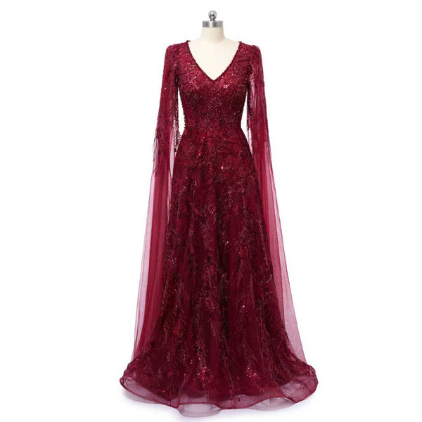 Romantic Burgundy V-Neck Long Sleeves Prom Dresses A-Line Beads With Zipper