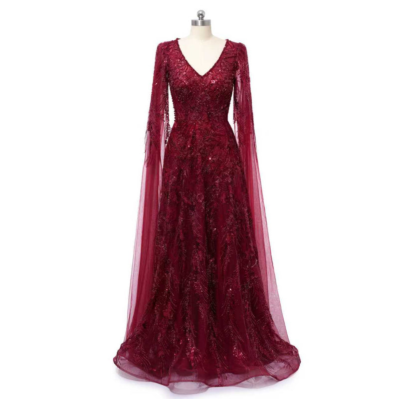 Romantic Burgundy V-Neck Long Sleeves Prom Dresses A-Line Beads With Zipper