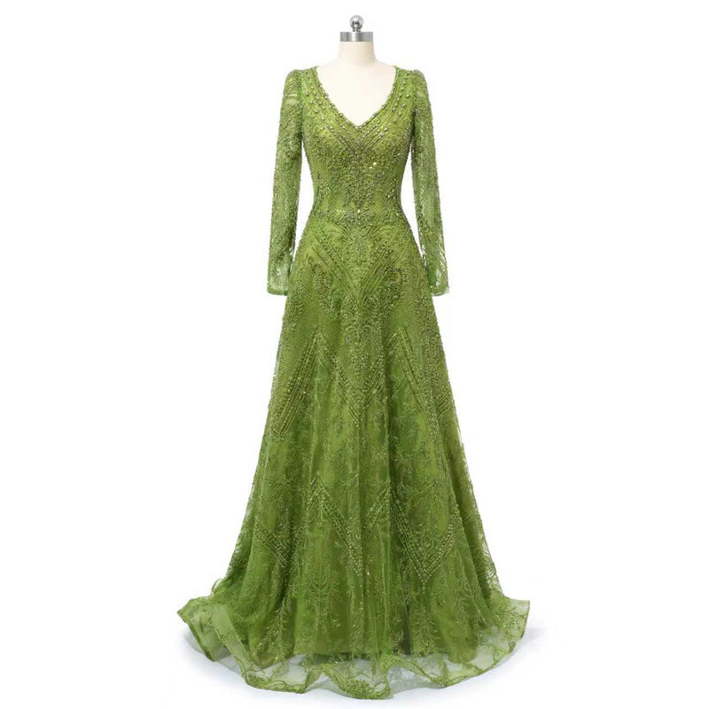 Glamorous Green V-Neck Long Sleeves A-Line Prom Dresses Long Beads With Zipper