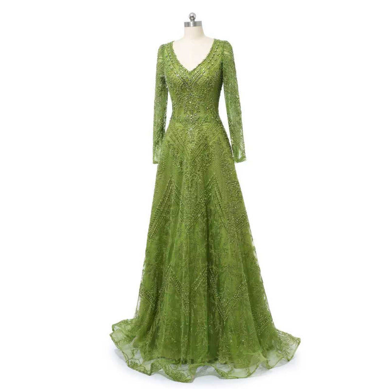 Glamorous Green V-Neck Long Sleeves A-Line Prom Dresses Long Beads With Zipper