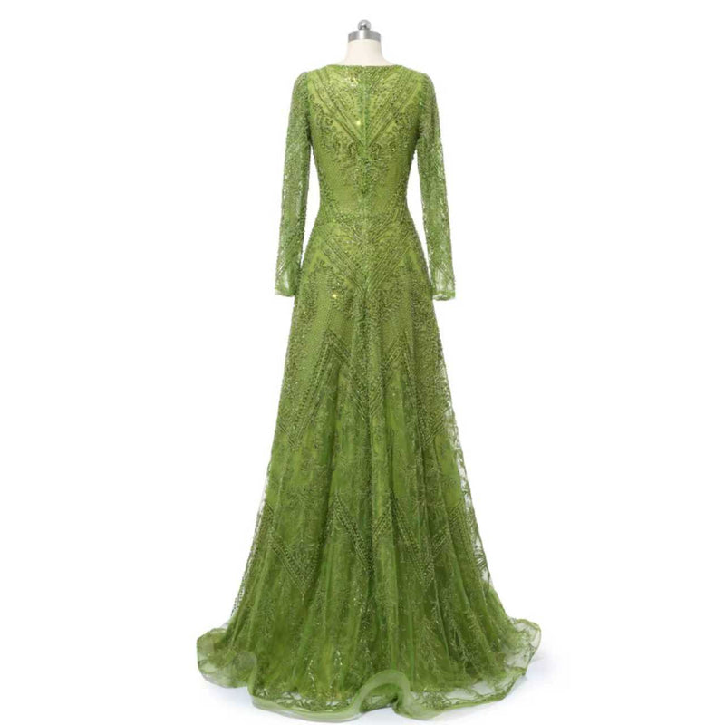 Glamorous Green V-Neck Long Sleeves A-Line Prom Dresses Long Beads With Zipper
