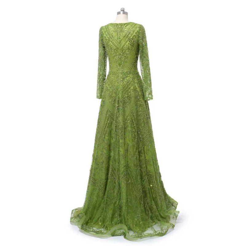 Glamorous Green V-Neck Long Sleeves A-Line Prom Dresses Long Beads With Zipper