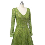 Glamorous Green V-Neck Long Sleeves A-Line Prom Dresses Long Beads With Zipper