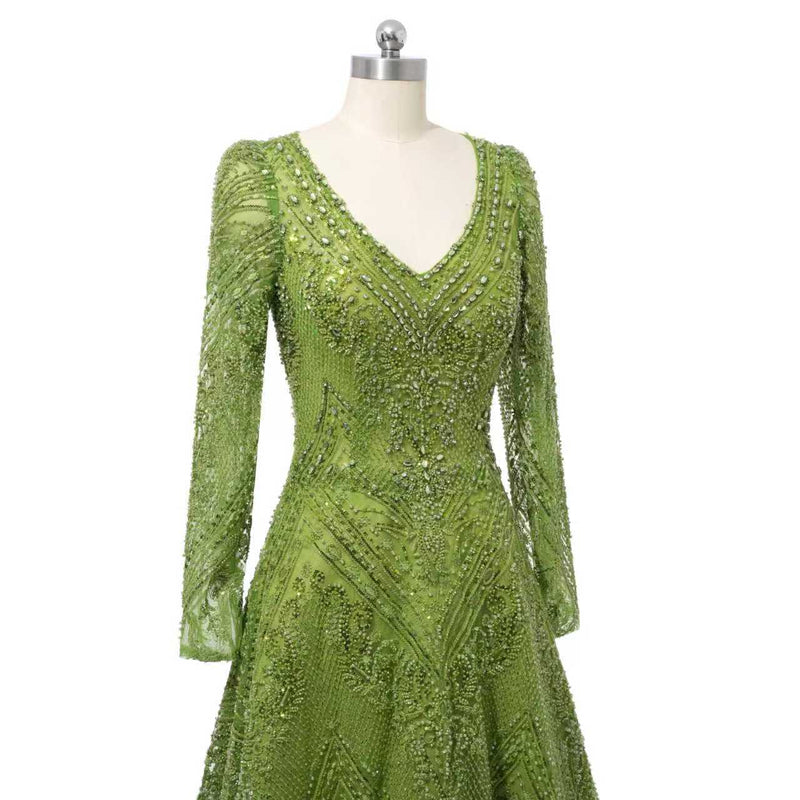 Glamorous Green V-Neck Long Sleeves A-Line Prom Dresses Long Beads With Zipper