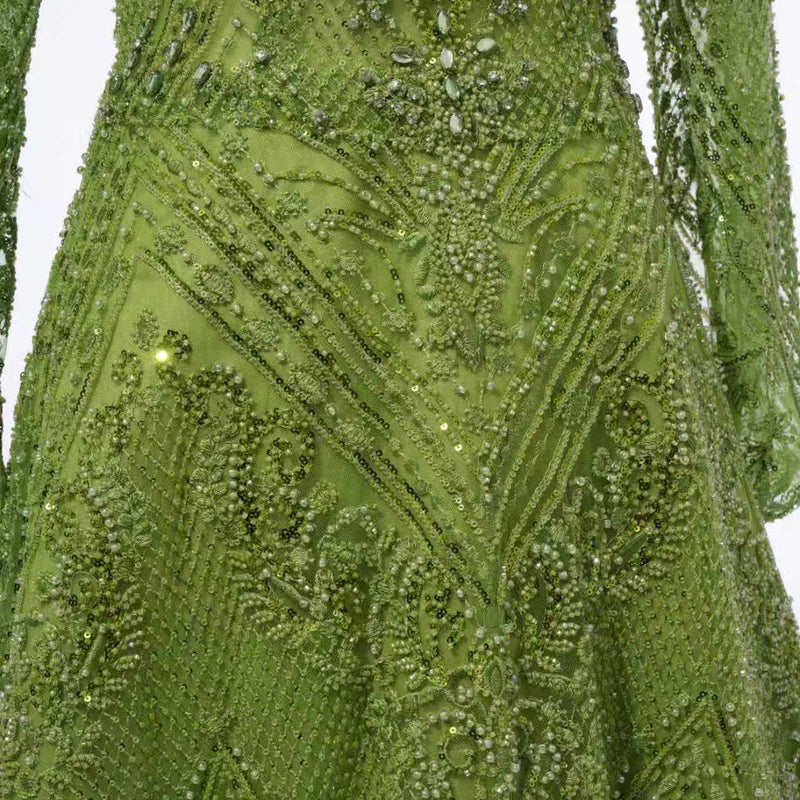 Glamorous Green V-Neck Long Sleeves A-Line Prom Dresses Long Beads With Zipper