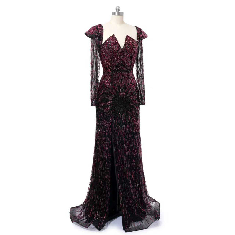 Luxury Asymmetrical Long Sleeves Mermaid Prom Dresses Column Backless With Beads