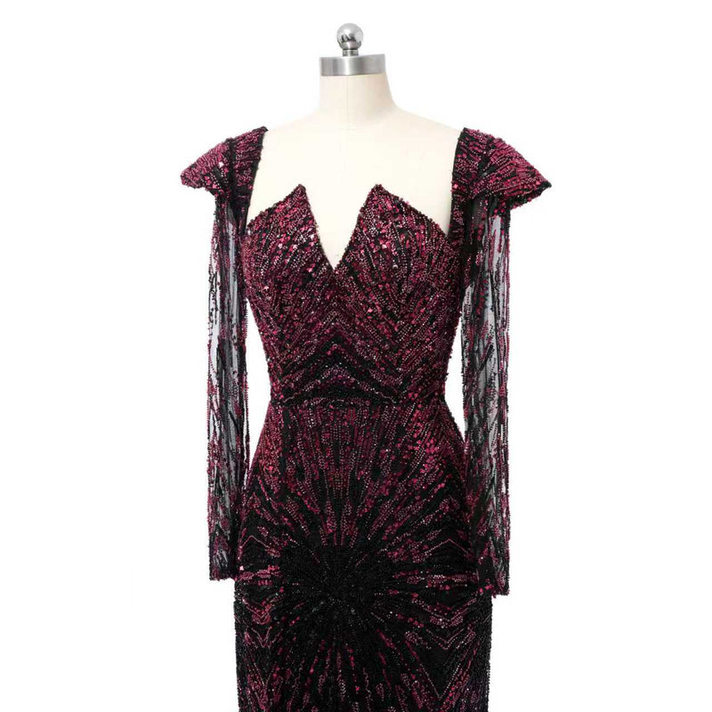 Luxury Asymmetrical Long Sleeves Mermaid Prom Dresses Column Backless With Beads