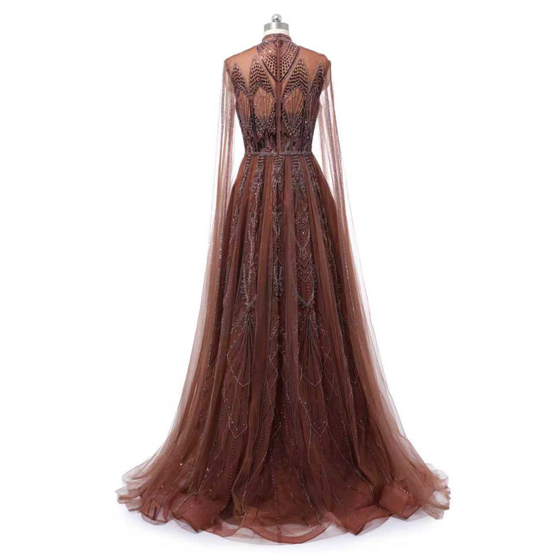 Timeless Chocolate High Collar Long Sleeves Tulle Prom Dresses A-Line With Beads Pleats