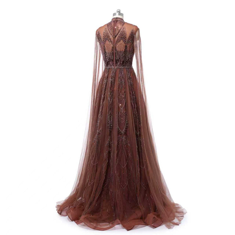 Timeless Chocolate High Collar Long Sleeves Tulle Prom Dresses A-Line With Beads Pleats