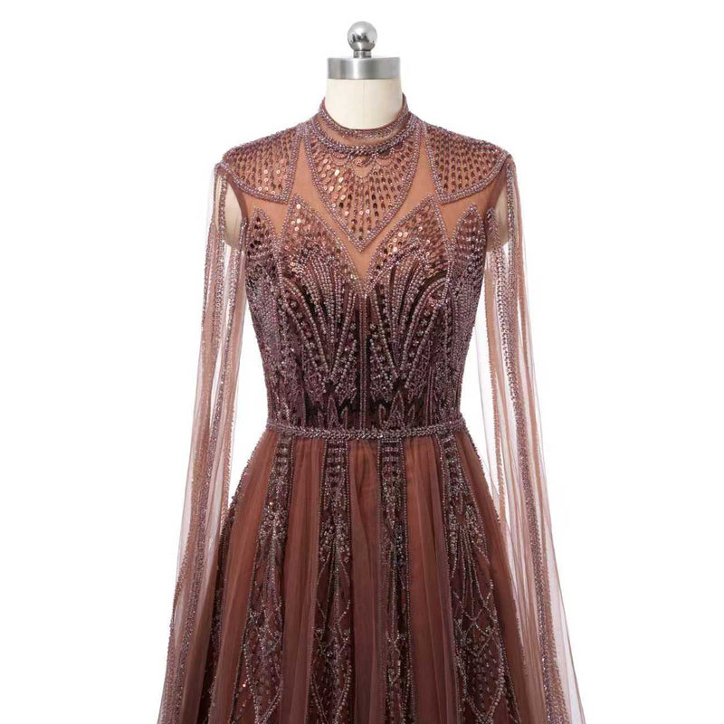 Timeless Chocolate High Collar Long Sleeves Tulle Prom Dresses A-Line With Beads Pleats