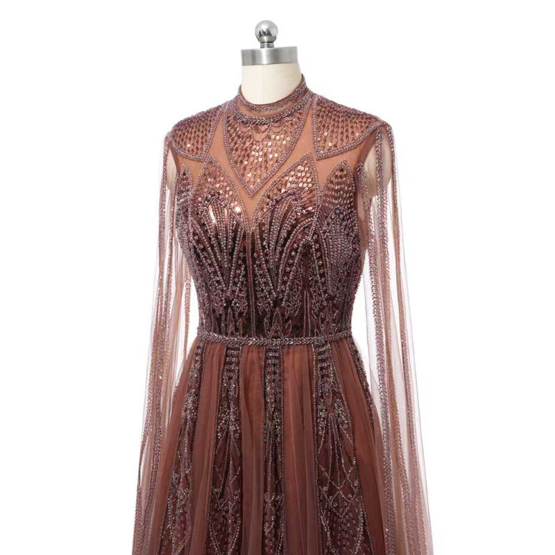 Timeless Chocolate High Collar Long Sleeves Tulle Prom Dresses A-Line With Beads Pleats