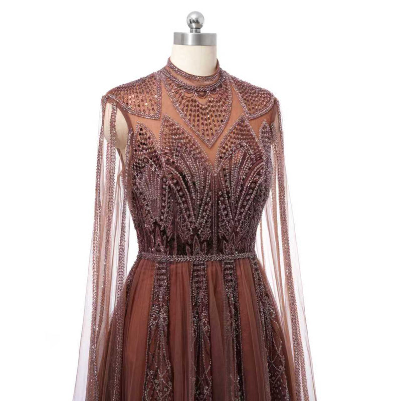 Timeless Chocolate High Collar Long Sleeves Tulle Prom Dresses A-Line With Beads Pleats