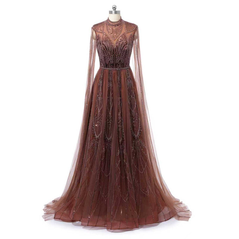 Timeless Chocolate High Collar Long Sleeves Tulle Prom Dresses A-Line With Beads Pleats