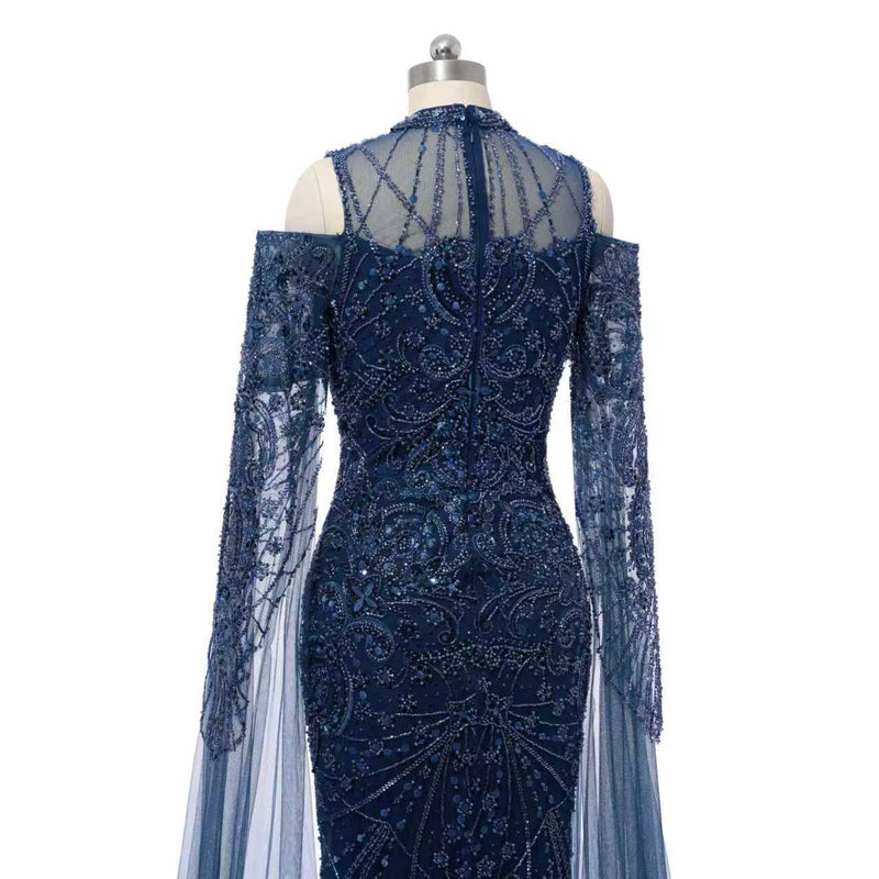 Classic High Collar Long Sleeves Mermaid Prom Dresses Sheath Gem With Beads Zipper