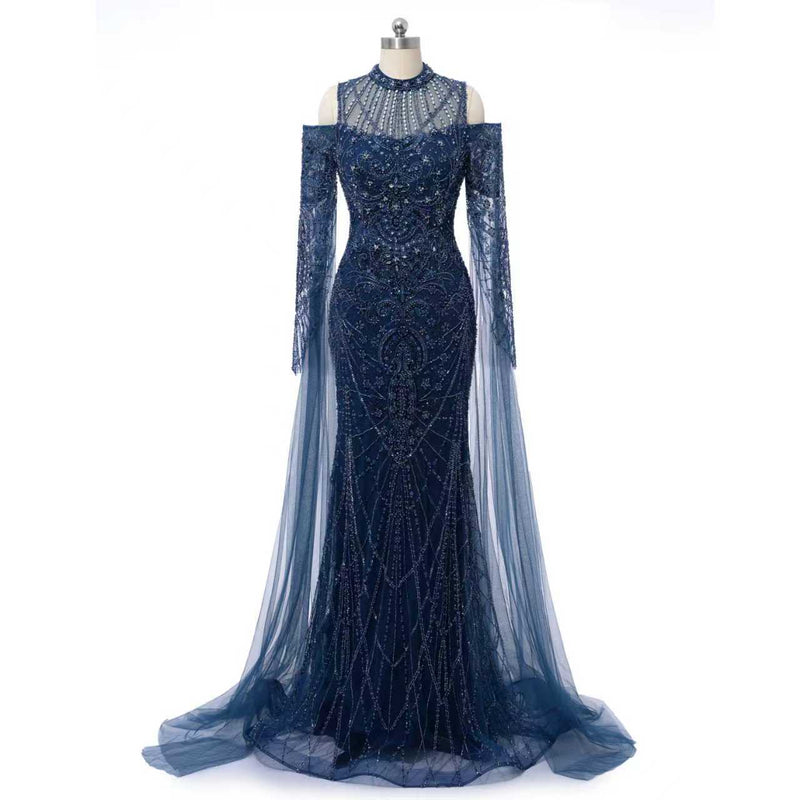 Classic High Collar Long Sleeves Mermaid Prom Dresses Sheath Gem With Beads Zipper