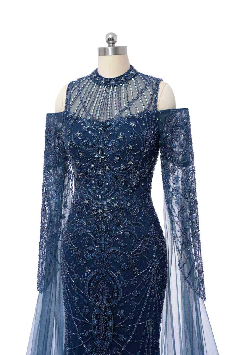 Classic High Collar Long Sleeves Mermaid Prom Dresses Sheath Gem With Beads Zipper