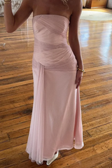 Blushing Pink Strapless Pleats Ankle Length Evening Bridesmaid-Ballbella