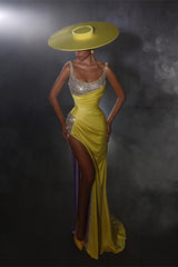 Ballbella Yellow Scoop Sleeveless Prom Dress Mermaid Slit With Beads