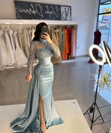 Ballbella Dusty Blue Long Sleeves Prom Dress Mermaid With Sequins High Neck