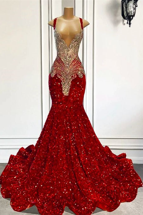 Ballbella Red Sequins Mermaid Prom Dress Sleeveless With Crystal