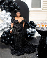 Charming Black Off-The-Shoulder Mermaid Sequin Prom Dresses Sheath Long With Flower-Ballbella