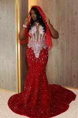 Charming Burgundy Sleeveless Sequin Prom Dresses Mermaid Sheath With Gem-Ballbella