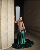 Chic Dark Green V-Neck Sleeveless Prom Dresses Mermaid Sheath With Beads-Ballbella