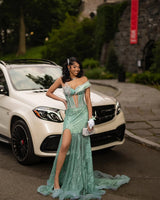 Classic Green Sweetheart One Shoulder Mermaid Prom Dresses Sheath Gem With High Split-Ballbella