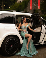 Classic Green Sweetheart One Shoulder Mermaid Prom Dresses Sheath Gem With High Split-Ballbella