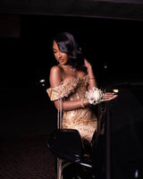Classic Off-The-Shoulder Mermaid Prom Dresses Column Long With Gem-Ballbella