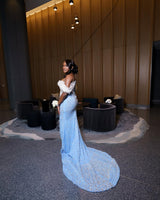 Classic Sky Blue White Off-The-Shoulder Mermaid Prom Dresses Sheath Long With Gem-Ballbella
