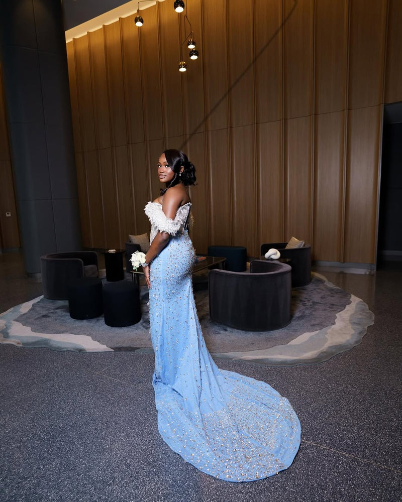 Classic Sky Blue White Off-The-Shoulder Mermaid Prom Dresses Sheath Long With Gem Classic Sky Blue White Off-The-Shoulder Mermaid Prom Dresses Sheath Long With Gem