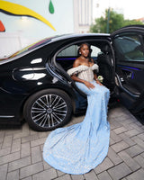 Classic Sky Blue White Off-The-Shoulder Mermaid Prom Dresses Sheath Long With Gem-Ballbella