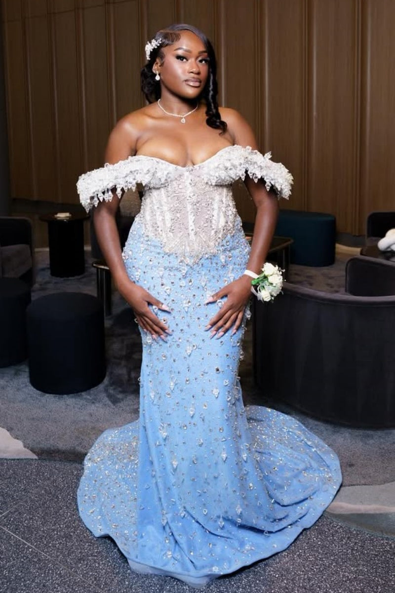 blue and white prom dress Classic Sky Off-The-Shoulder Mermaid Dresses Sheath Long With Gem 40mm Square Rounded Edge feminine silhouette 50%OFF Color:BONNEVILLE