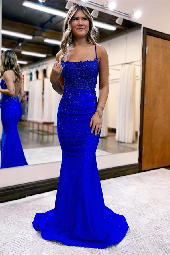 Dark Green Straps Mermaid Criss-cross Back Prom Dresses