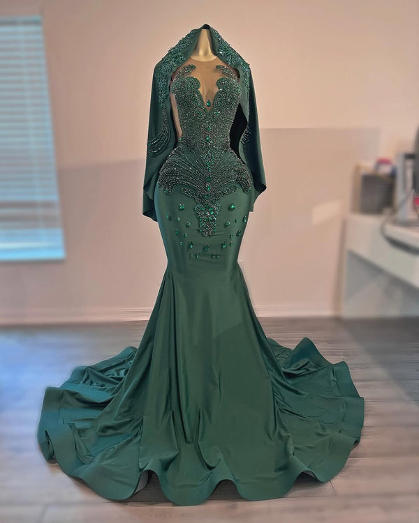 Dark Green V-neck Sleeveless Mermai Floor length Prom Dresses