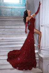 Dazzling Burgundy Sweetheart Strapless Sequin Prom Dresses Mermaid Sheath Long With Side Split-Ballbella