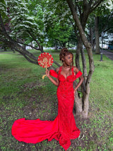 Dazzling Red Sweetheart Off-The-Shoulder Straps Prom Dresses Mermaid Column With Lace-Up Back-Ballbella