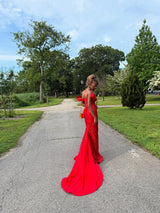 Dazzling Red Sweetheart Off-The-Shoulder Straps Prom Dresses Mermaid Column With Lace-Up Back-Ballbella