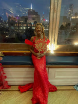 Dazzling Red Sweetheart Off-The-Shoulder Straps Prom Dresses Mermaid Column With Lace-Up Back-Ballbella