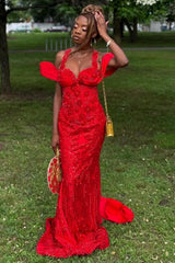 Dazzling Red Sweetheart Off-The-Shoulder Straps Prom Dresses Mermaid Column With Lace-Up Back-Ballbella