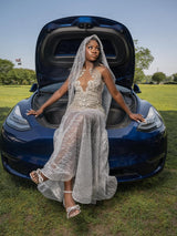 Dazzling V-Neck Sleeveless Mermaid Prom Dresses Floor Length With Gem-Ballbella