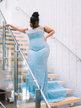 Elegant Blue Strapless Sleeveless Mermaid Prom Dresses Sheath Long With Gem-Ballbella